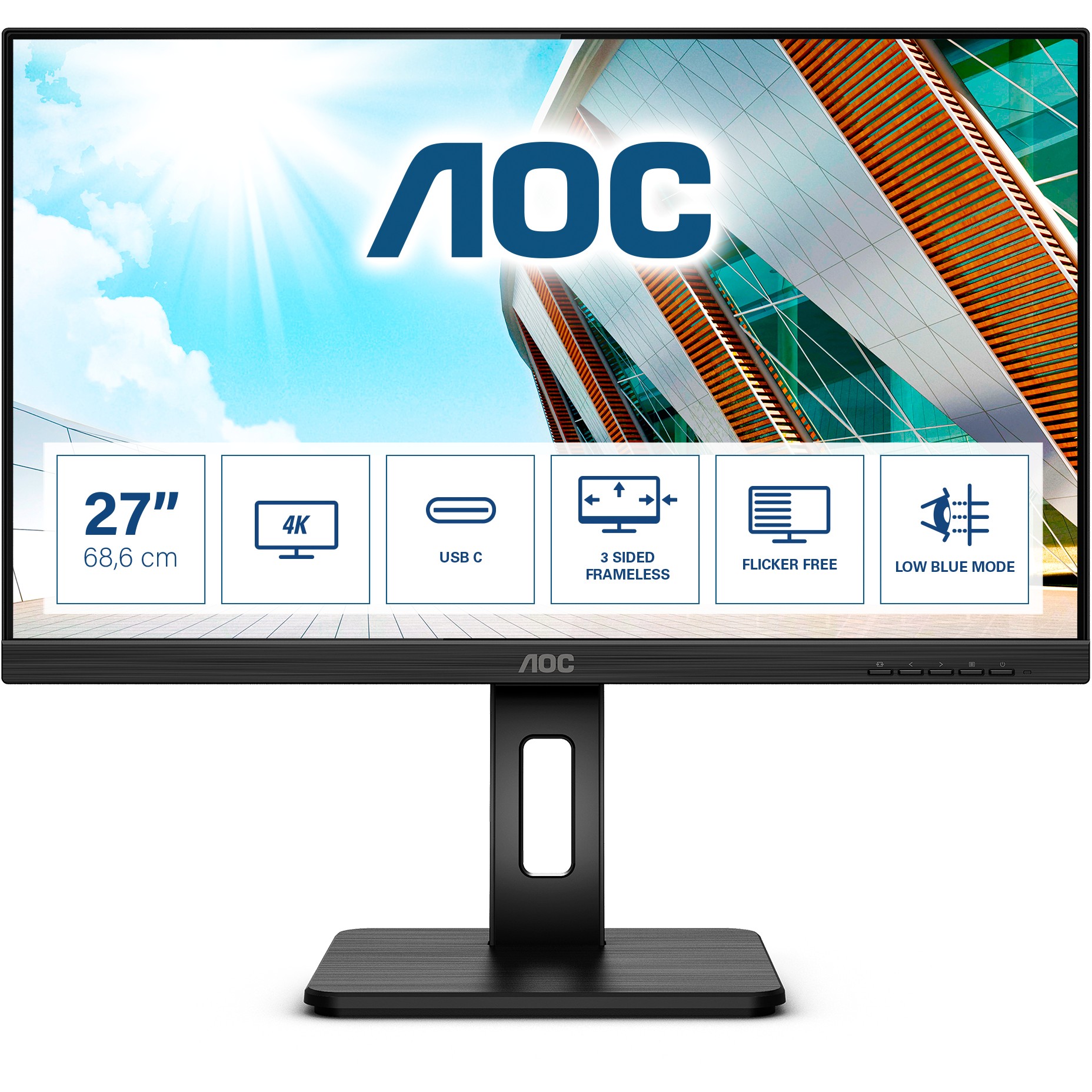 68,6cm / 27" (3840x2160) AOC U27P2CA 16:9 4K IPS 4ms 60Hz HDMI DP USB-C Pivot Black