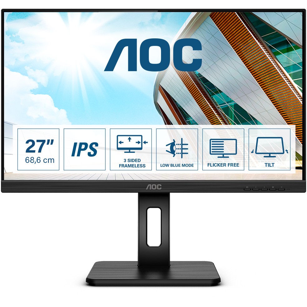 68,6cm / 27" (1920 x 1080) AOC 27P2Q Full HD 4ms IPS HDMI VGA DVI DP USB 16:9 Black