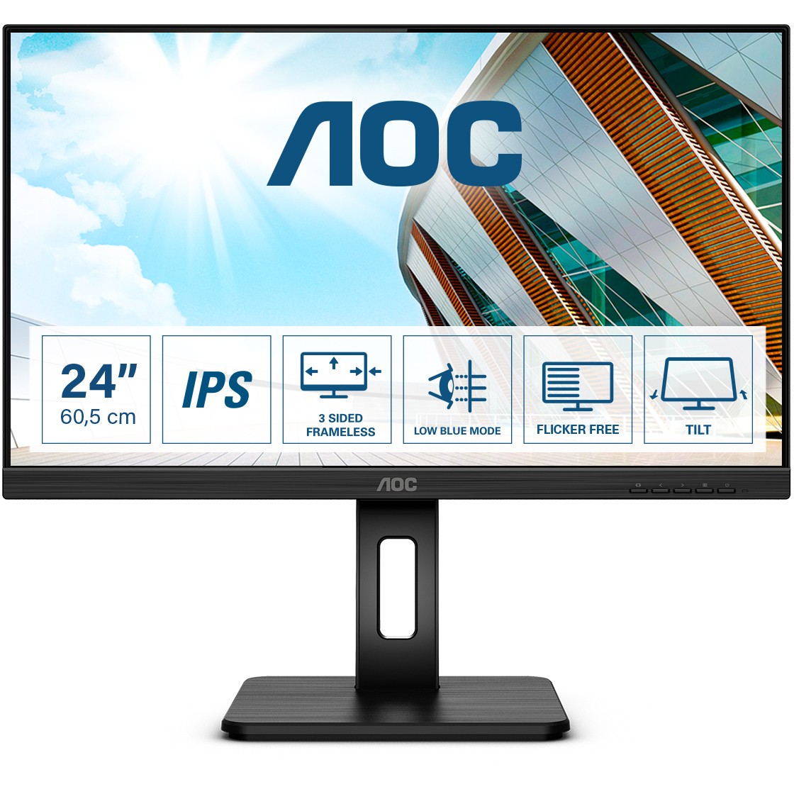 61cm / 24" (1920x1080) AOC 24P2Q 16:9 4ms HDMI DVI VGA DisplayPort VESA Pivot Speaker Full HD Black